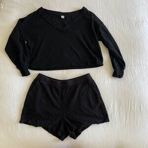 Black Waffle Knit PJ Set